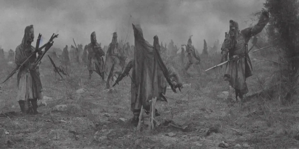 Image similar to scary unproportionable tall ghost creature in the middle of a battlefield, 1900s picture