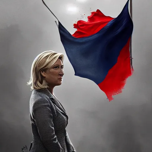 Image similar to Portrait of Marine le Pen , french flag, nationalistic, amazing splashscreen artwork, splash art, head slightly tilted, natural light, elegant, intricate, fantasy, atmospheric lighting, cinematic, matte painting, by Greg rutkowski