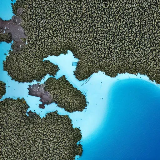 Prompt: fifteenhundreds cartographers map depicting two large islands, two medium sized islands, and one small island from a birdseye view with blue water inbetween