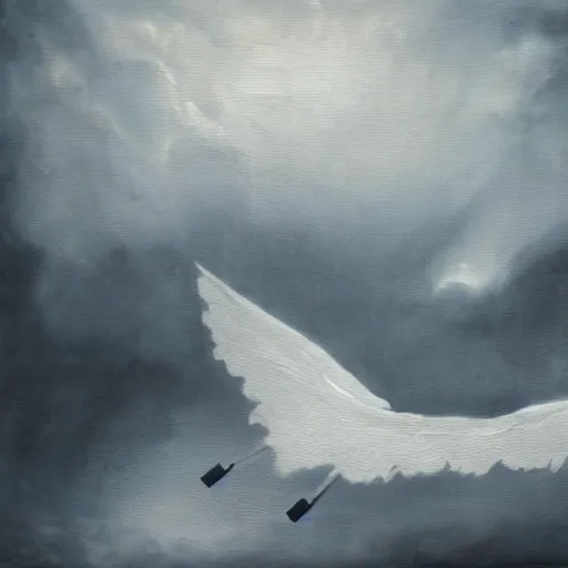 Prompt: ominous bedsheet ghost floating on the wing of a plane, oil painting, brush strokes, gloomy foggy atmosphere, symmetrical, full body image, highly ornate intricate details,