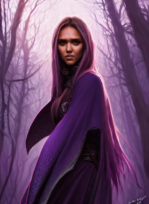 Image similar to portrait jessica alba, adventurer outfit large cloak, fantasy forest landscape, dragon scales, fantasy magic, undercut hairstyle, short purple black fade hair, dark light night, intricate, elegant, sharp focus, illustration, highly detailed, digital painting, concept art, matte, art by wlop and artgerm and greg rutkowski and alphonse mucha, masterpiece