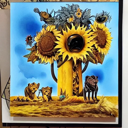 Image similar to lions and sunflowers 🌻🌫 in the style of salvador dali