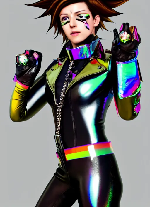Image similar to portrait bust digital artwork of tracer overwatch, wearing iridescent rainbow latex and leather straps catsuit outfit, 4 k, expressive happy smug expression, makeup, in style of mark arian, angel wings, wearing detailed leather collar, chains, black leather harness, detailed face and eyes,
