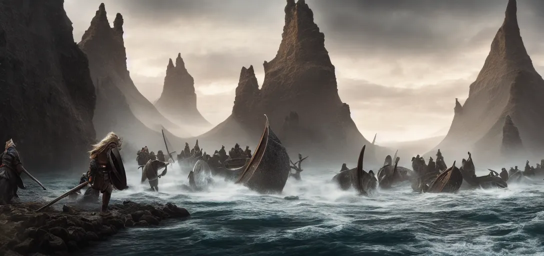 Image similar to vikings landing on the shore of iceland, dramatic lighting, cinematic, establishing shot, extremely high detail, photo realistic, cinematic lighting, post processed, concept art, artstation, matte painting, blizzard studio, wow, style by eddie mendoza, raphael lacoste, alex ross