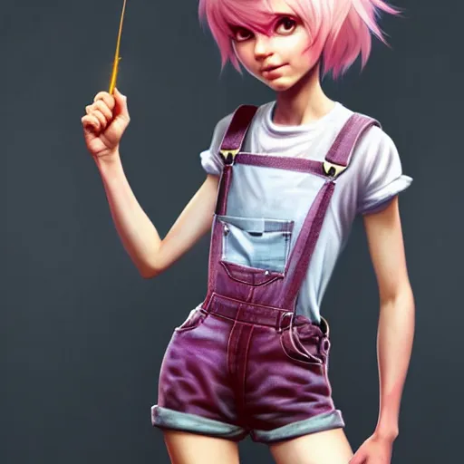 Image similar to full body pose, pixar, beautiful androgynous girl, pink pixie cut hair, torn overalls, short shorts, combat boots, fishnets, beautiful, highly detailed face, true anatomy!, extremely detailed!, digital painting, unreal engine 5, art by tom bagshaw