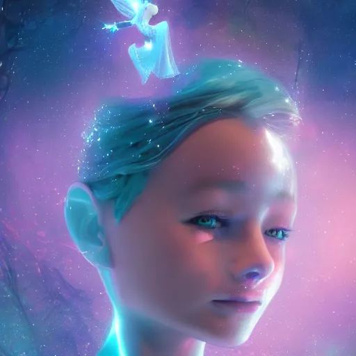 Image similar to magical fairy floating in space, epic cartoon portrait made out of rain, beautiful face, stunning concept art, highly detailed, galaxy background, rendered in octane, unreal engine, trending on artstation, realistic, diviantart