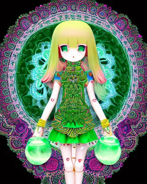 Image similar to fractal mandala funny nendroid nendroid girl very funny joy emoji psy trip ghost color an ancient white bone and emerald gemstone relic, intricate engraving concept art style