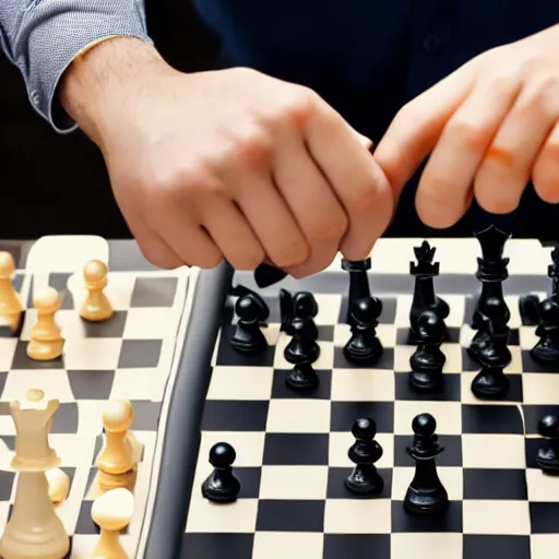 Image similar to photo of a robot hand grabbing and pinching a humans hand over a championship chess board