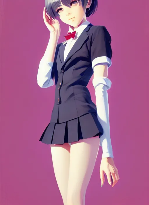 Image similar to full body beautiful and cute and aesthetic school girl greeting, very slightly smiling, wave a hand at the camera, perfect face, symmetric eyes, sharp focus, specular reflection, occlusion shadow, artstation, by ilya kuvshinov and jeremy lipking, light novel cover art, 3 d epic illustrations, symmetric body, model pose