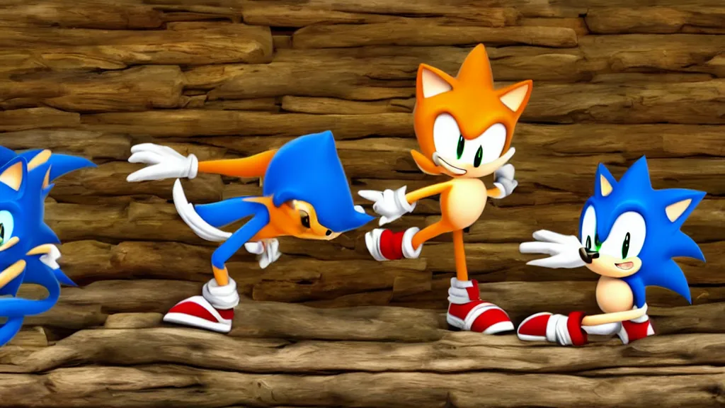 Prompt: A wholesome lively desktop background involving Sonic and Tails sitting in a log cabin sitting on a rug by the fireplace, talking and laughing, 4k, 8k, unrealengine, beautiful, amazing.