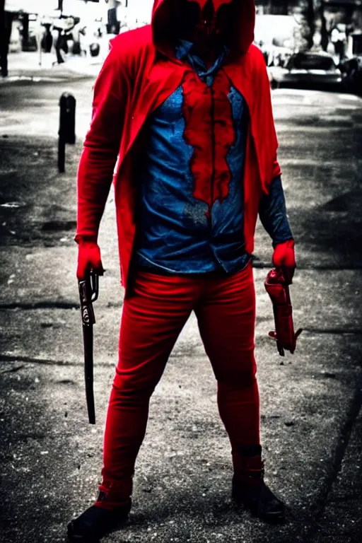 Image similar to red hood cosplay, creepy, disturbing, bloody, darkness, grainy, urban, jeans