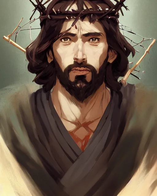 Image similar to an anime portrait of jesus as a beautiful man wearing a kimono and a crown of thorns from skyrim, by stanley artgerm lau, wlop, rossdraws, james jean, andrei riabovitchev, marc simonetti, and sakimichan, trending on artstation