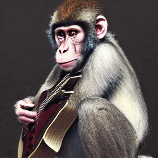 Prompt: Realistic Monkey playing Rudolph Schenker's guitar, by Antonio Caparo and Ferdinand Knab and Greg Rutkowski UHD photorealistic trending on artstation