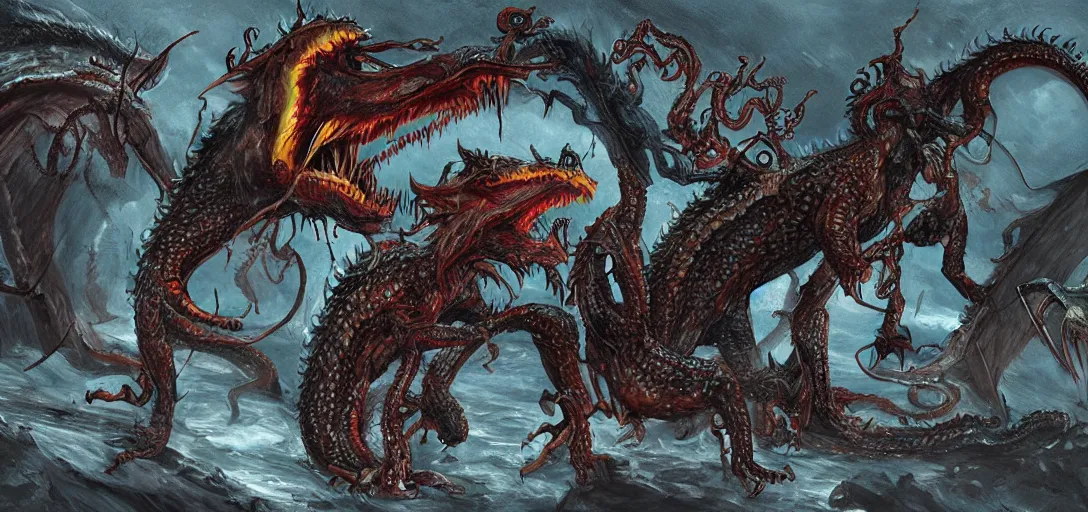 Image similar to concept art of dragon attack, lovecraftian, lots of teeth, melting horror, feathers, fighting the horrors of the unknown with laser guns