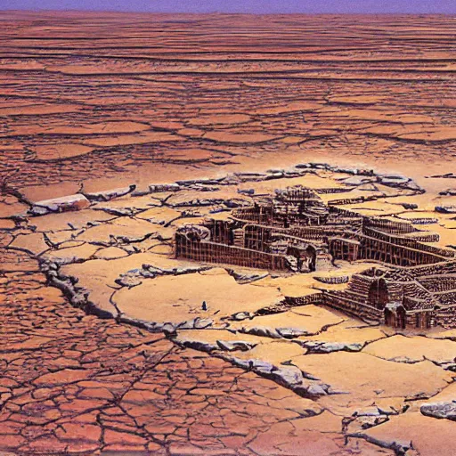 Prompt: an oblique aerial view of ancient timbuktu surrounded by desert. a river is running through timbuktu. painting by ted nasmith, earl norem, bob larkin.