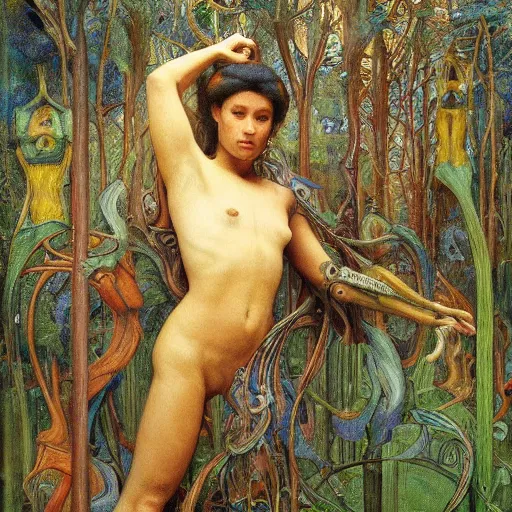 Image similar to robot seizes his forest crown, by Annie Swynnerton and Diego Rivera and Elihu Vedder, symbolist, dramatic lighting, elaborate geometric ornament, tattoos, Art Brut, soft cool colors,smooth, sharp focus, extremely detailed, Adolf Wölfli and Donato Giancola