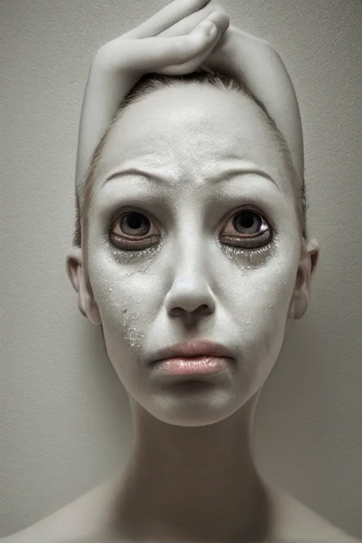 Image similar to 3 d full head and shoulders beautiful woman with a sad expression and crying eyes by doctor seuss and daniel arsham
