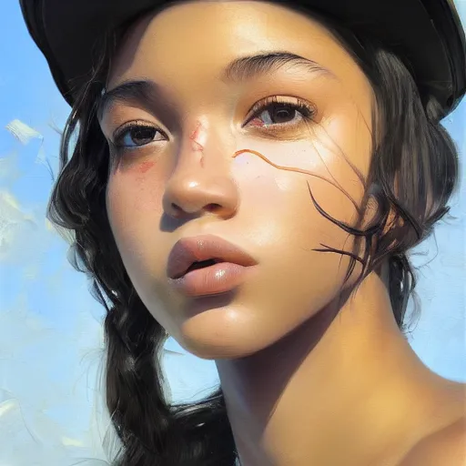 Prompt: oil painting by ilya kuvshinov,, baugh casey, artgerm craig mullins, coby whitmore, of a youthful black girl, long hair, fishing and wearing fisherman's outfit, fisherman's hat, highly detailed, breathtaking face, studio photography, noon, intense bounced light, water reflection, large tree casting shadow, serine intense sunlight