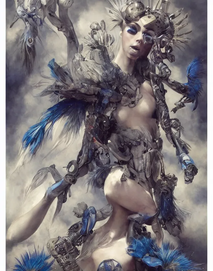 Prompt: a fashion editorial of a feathered blue female alien is trying on a tactical suit and has many body modifications. by tom bagshaw, donato giancola, hans holbein, walton ford, gaston bussiere, brian froud, peter mohrbacher and magali villeneuve. 8 k, fashion editorial, cgsociety