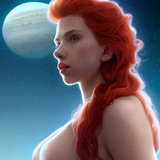 Prompt: a highly detailed matte portrait of scarlett johansson as a red haired sorceress, standing on the moon titan and looking at jupiter, viewed in profile from far away, crackling green lightning, ultrawide lens, art by artgerm and greg rutkowski and alphonse mucha, volumetric lighting, octane render, 4 k resolution, trending on artstation, masterpiece