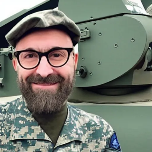 Image similar to michael vsauce in a military tank