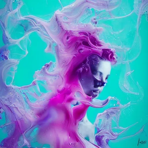 Prompt: beautiful women made out of purple, pink, and aqua colored liquid swirling by alberto seveso, colorful, vibrant