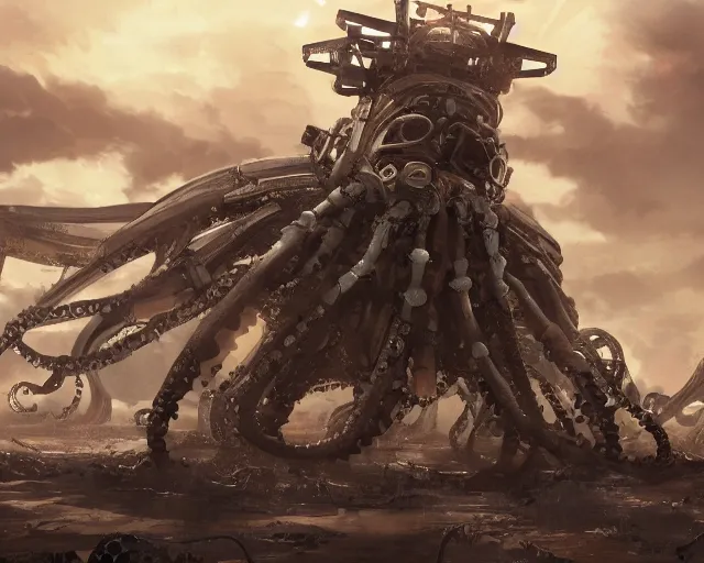 Prompt: beautiful picture of a giant octopus mecha, standing in a post-apocalyptic wasteland, anime style, art by Hajime Katoki, trending on artstation