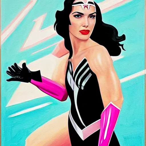 Prompt: a streamline moderne painting of gal gadot as the pink power ranger in the style of keanu reeves, and in the style of michael jackson. symmetry, smooth, sharp focus, semi - realism, intricate detail.
