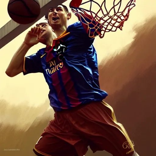 Image similar to Messi dunking on Ronaldo in basketball, D&D, fantasy, intricate, elegant, highly detailed, digital painting, artstation, concept art, matte, sharp focus, illustration, art by Artgerm and Greg Rutkowski and Alphonse Mucha