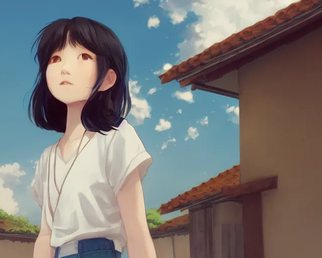 Image similar to teen looking at blue sky, wearing white shirt, back turned, looking up, illustration, by pine ( ハイネ ) and 薯 子 imoko and 香 川 悠 作 and wlop and maya takamura, highly detailed, trending artstation, pixiv, digital art