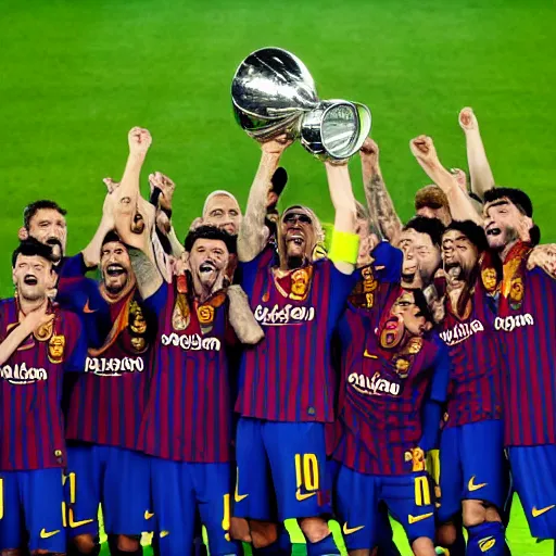 Image similar to fc barcelona team raising a lever as a trophy