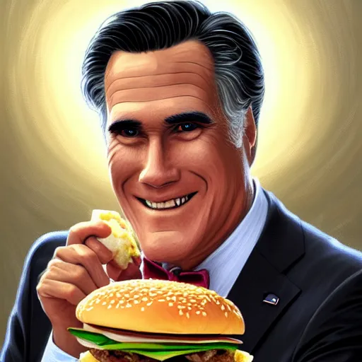 Image similar to portrait of mitt romney eating hamburgers, extra onions and ketchup, luscious patty with sesame seeds, feminine ethereal, handsome, d & d, fantasy, intricate, elegant, highly detailed, digital painting, artstation, concept art, matte, sharp focus, illustration, art by artgerm and greg rutkowski and alphonse mucha