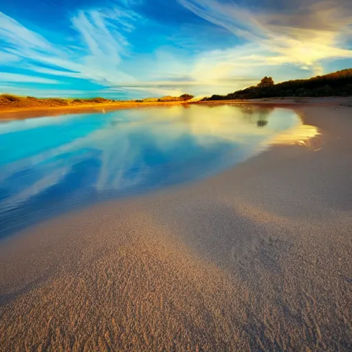 Image similar to photo of a sandy beach along a small clear river, blue sky with some clouds, beautiful lighting, wide lens shot, 30mm, bright colors, award winning photography, national geographic