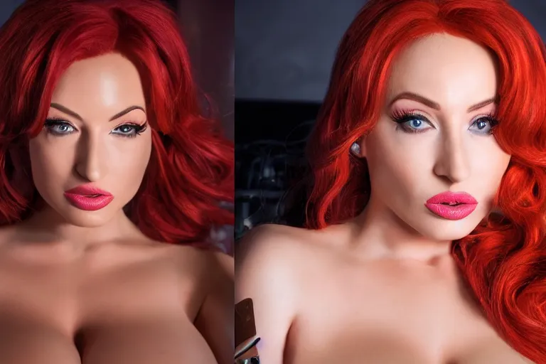 Image similar to movie scene portrait closeup, red hair, real life jessica rabbit lindsey pelas denise milani singing beautifully on stage, stage lighting by emmanuel lubezki