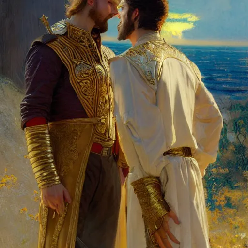 Image similar to attractive fully clothed king confesses his love for his attractive fully clothed male prince. highly detailed painting by gaston bussiere, craig mullins, j. c. leyendecker 8 k