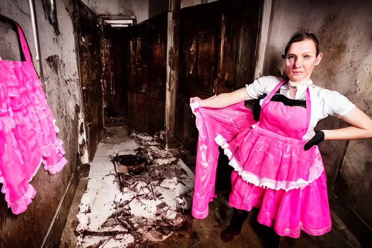 Image similar to batman wearing pink frilly apron offering free beer in dirty disgusting brown bathroom with cracked tiles and mold, atmospheric eerie lighting, dim lighting, bodycam footage, motion blur, blurry photography