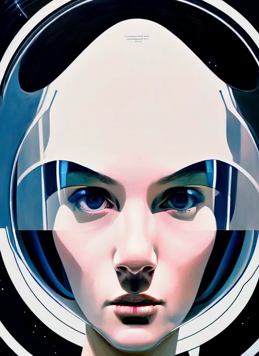Image similar to artwork by james jean and Phil noto; a close up on the face of a beautiful woman in a future space suit; wearing futuristic astronaut helmet; highly detailed; pretty eyes; circular black pupils; artwork by james jean and Phil noto
