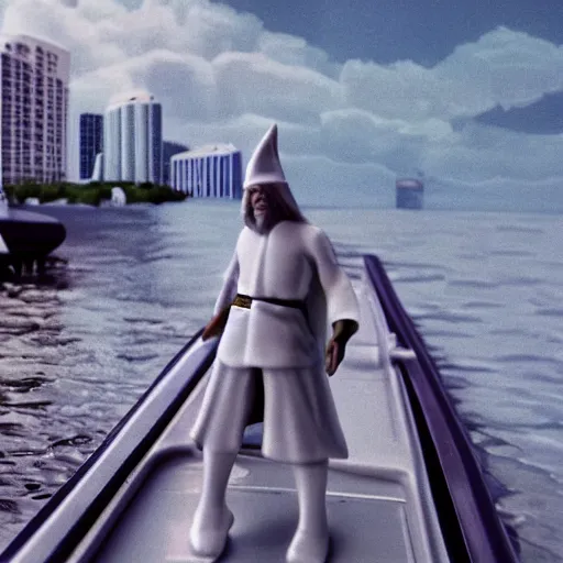 Image similar to beautiful hyperrealism three point perspective film still of Gandalf the grey boat racing in Miami Vice(1988) extreme closeup portrait in style of 1990s frontiers in translucent porclein miniature street photography seinen manga fashion edition, miniature porcelain model, focus on face, eye contact, tilt shift style scene background, soft lighting, Kodak Portra 400, cinematic style, telephoto by Emmanuel Lubezki