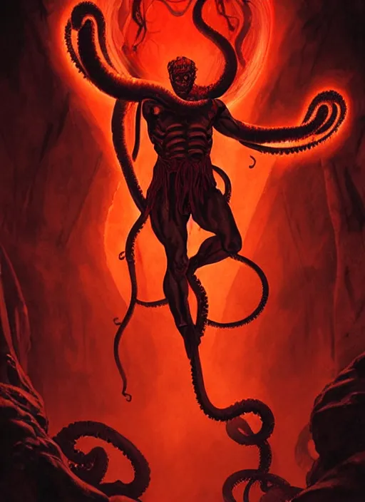 Prompt: movie poster with a young strong ancient greek man with lovecraftian tentacles made of red glowing energy in the background, dungeons and dragons artwork, award winning art, cinematic light, dynamic composition, highly detailed, dramatic lighting, digital painting, concept art, masterpiece, by leonardo da vinci, raphael, artgerm, greg rutkowski, vibrant colors