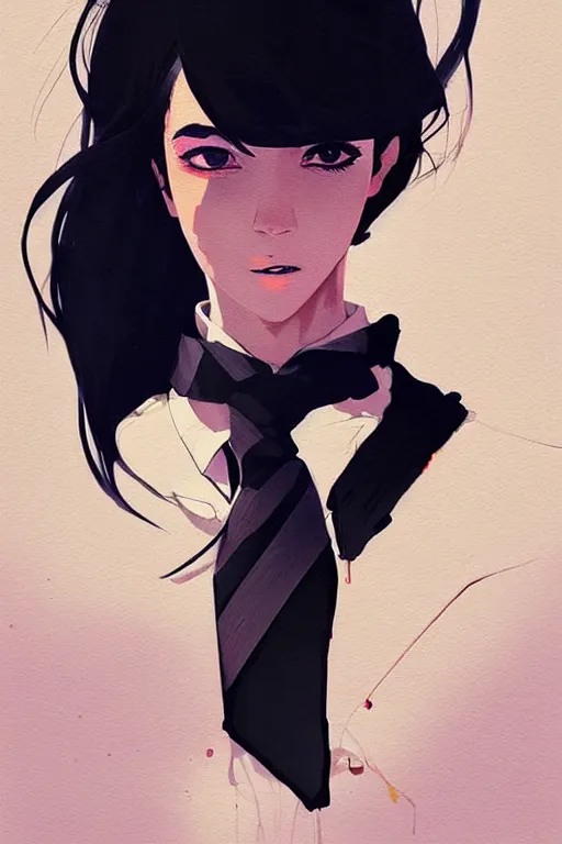 Image similar to a ultradetailed beautiful panting of a stylish woman wearing a shirt with a tie, she has black hair, by conrad roset, greg rutkowski and makoto shinkai, trending on artstation