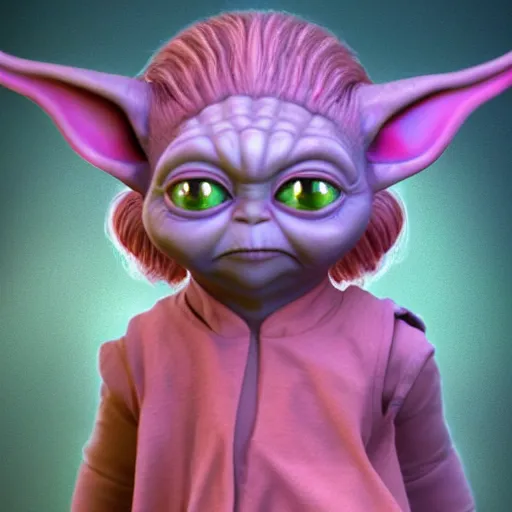 Prompt: baby girl yoda with long curly pink hair on top of her head between the ears, wearing a dress, 8 k resolution, highly detailed, photo realistic