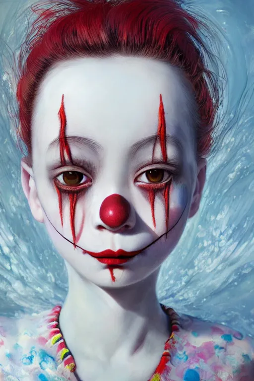 Image similar to detailed painting of clown girl crying, piercing eyes, james jean, miho hirano, hyperrealistic, octane render, ambient light, dynamic lighting