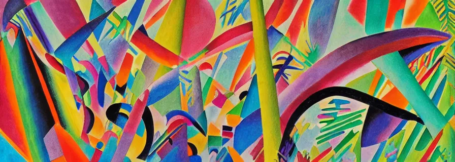 Image similar to party in jungles, author zima blue, very elongated lines, wasily kandinsky, malevich, pop art, color splashes, grain