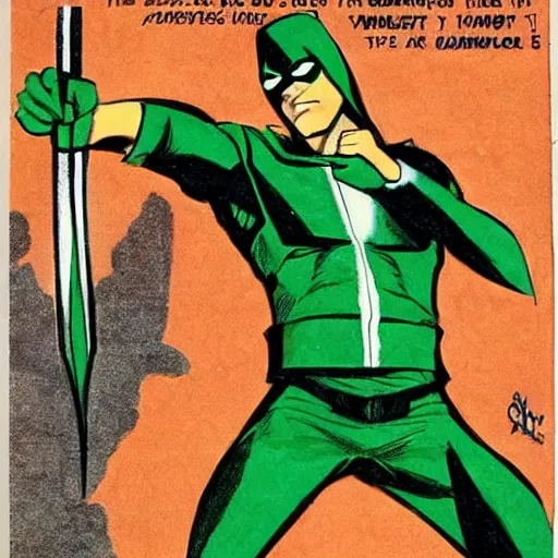 Image similar to The Green Arrow action pose, drawing an arrow from his quiver, comic book cover style