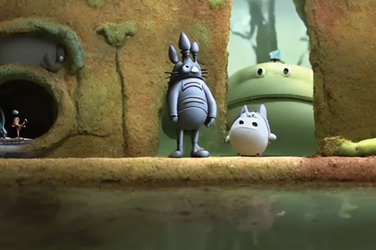 Image similar to stop motion film by Aardman Animation, totoro stalks his prey in the dank sewer