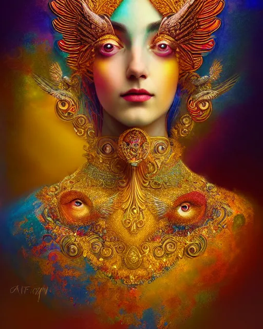 Image similar to portrait of the beautiful young goddess of birds, unusual beauty, etheric, outworldly colours, emotionally evoking symbolic metaphors, head in focus, fantasy, ornamental, intricate, elegant, highly detailed painting style photo, artstation, concept art, painterly, golden ratio, sharp focus, illustration, art by afarin sajedi,