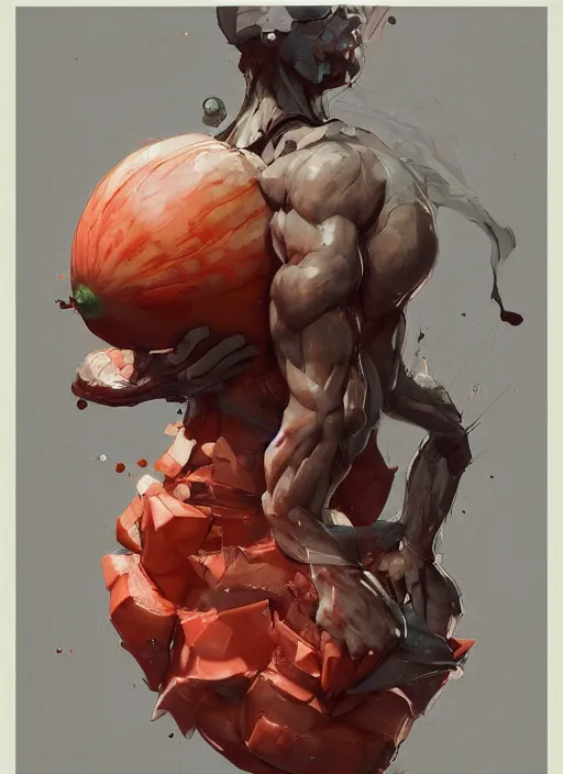 Image similar to semi reallistic gouache gesture painting, by yoshitaka amano, by ruan jia, by conrad roset, by dofus online artists, detailed anime 3 d render of a watermelon living inside a person's chest, portrait, cgsociety, artstation, rococo mechanical, digital reality, sf 5 ink style, dieselpunk atmosphere, gesture drawn