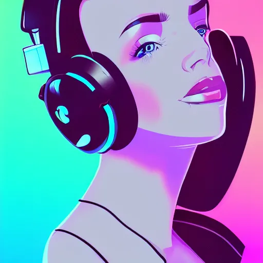 Image similar to animated synthwave girl wearing headphones, animated, trending on artstation, portrait