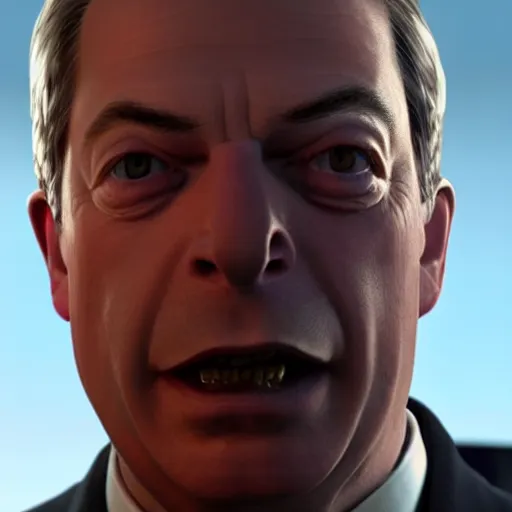 Image similar to nigel farage in skyrim splash art, movie still, cinematic lighting, dramatic, octane render, long lens, shallow depth of field, bokeh, anamorphic lens flare, 8 k, hyper detailed, 3 5 mm film grain