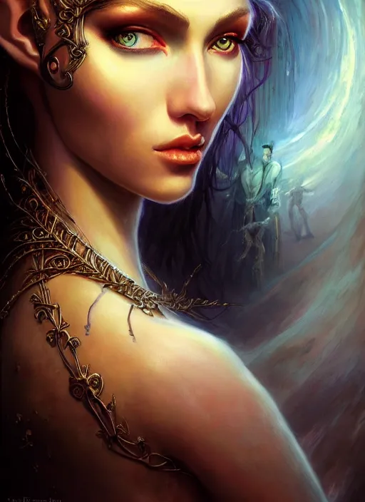 Image similar to masterpiece painting of beautiful elven girl portrait by elena kukanova, jeff easley, background by james jean and zdizslaw beksinski, 8 k, epic, majestic, intricate artwork, volumetric lighting, porcelain skin, french nouveau, trending on artstation, behance